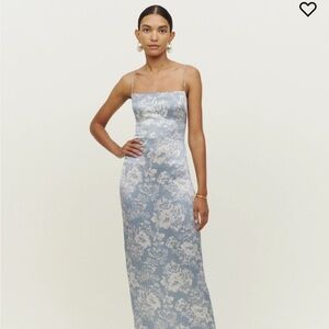 Reformation Frankie Silk Dress in Porcelain, Light Blue Floral